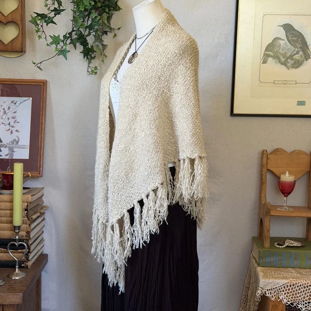 Beige Fringe Trim Knit Shawl Wrap Boho Vintage OS Layering Cozy Fall Scarf